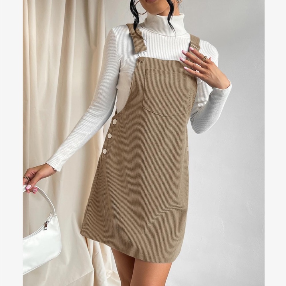 Classic Elegant Corduroy Solid Pocket Jumper Overall Dress Without Sweater - Picture 15 of 15